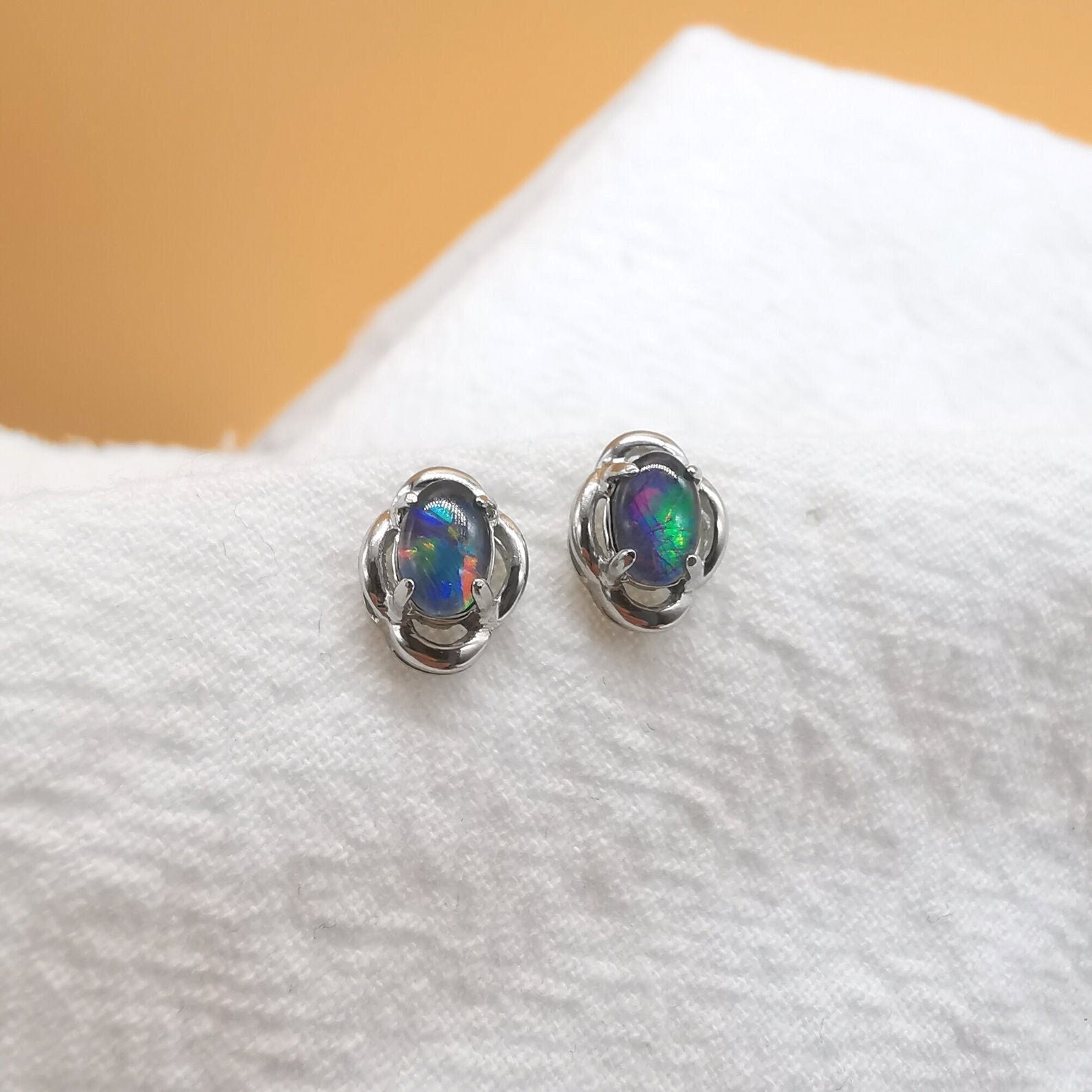 New triplet opal oval earrings, opal minimalist studs, gold earrings, dainty earrings, small stud earrings, stud earrings-Vsabel Jewellery