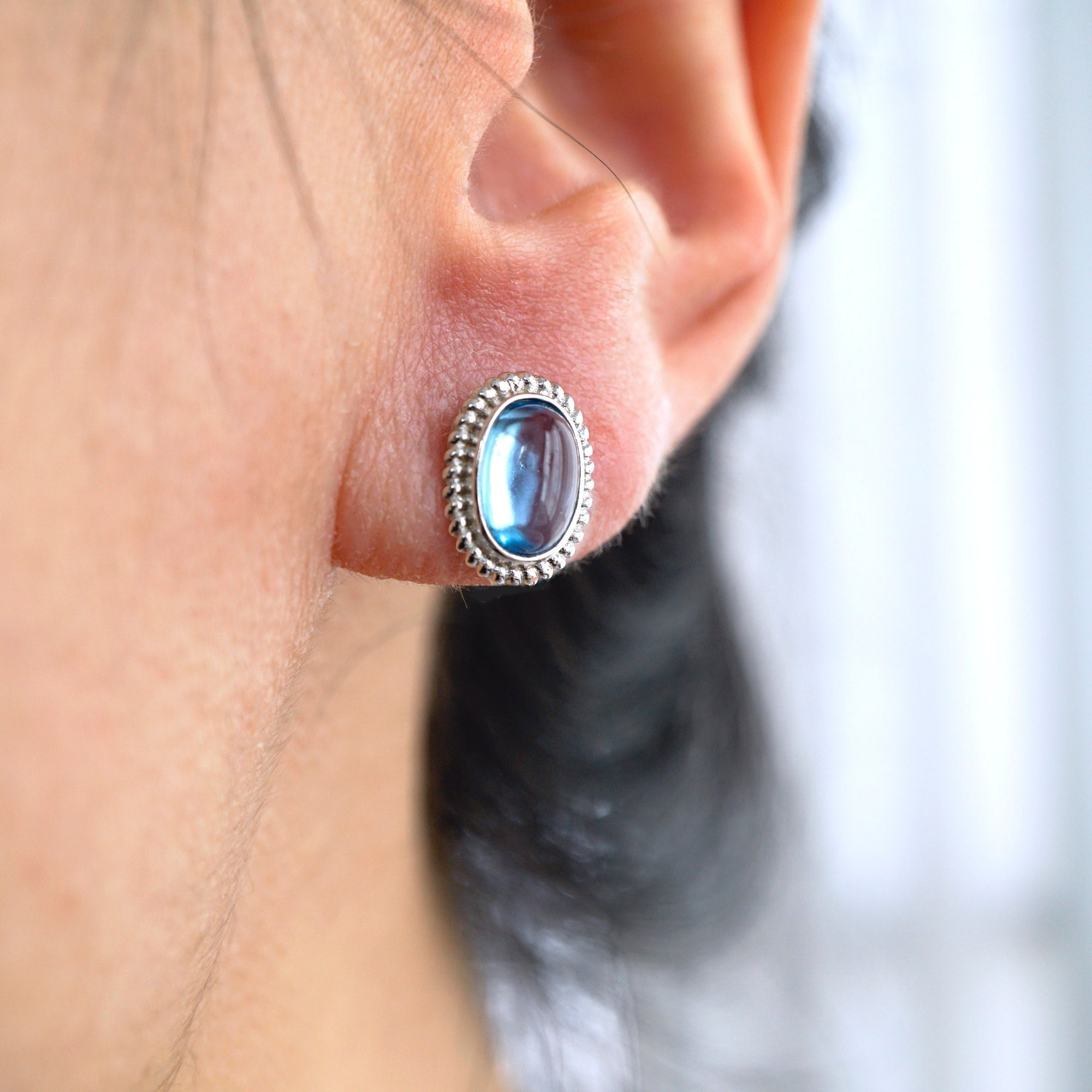 Blue Topaz Stud Earrings, Genuine Sky Blue Gemstone in 925 Silver
