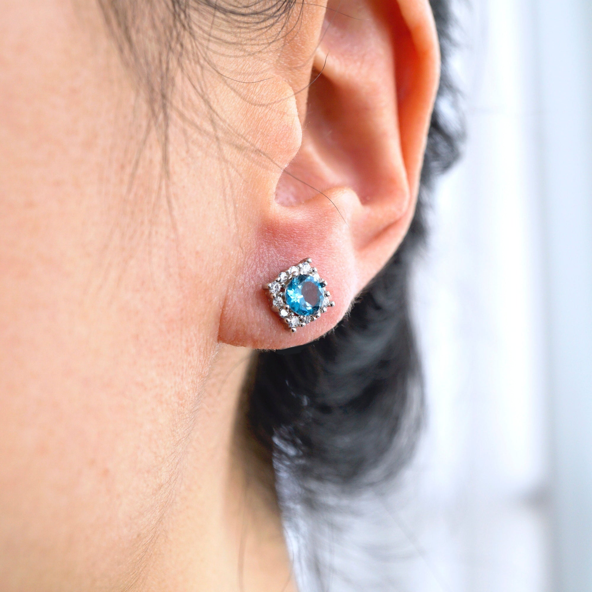 London Blue Topaz Studs, Genuine 925 Silver Dainty Gemstone Earrings