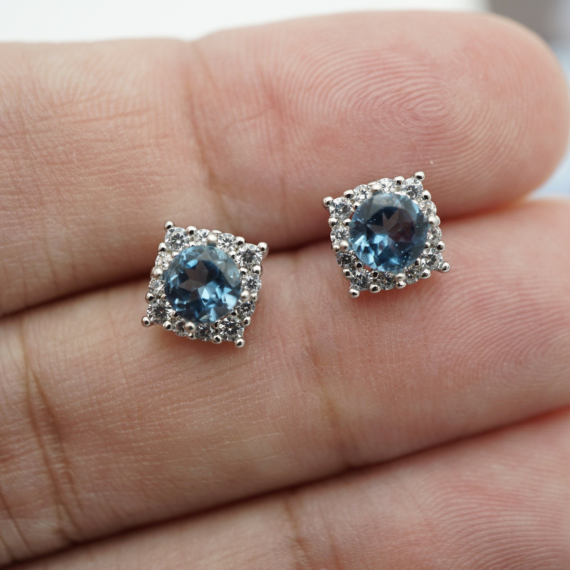 London Blue Topaz Studs, Genuine 925 Silver Dainty Gemstone Earrings
