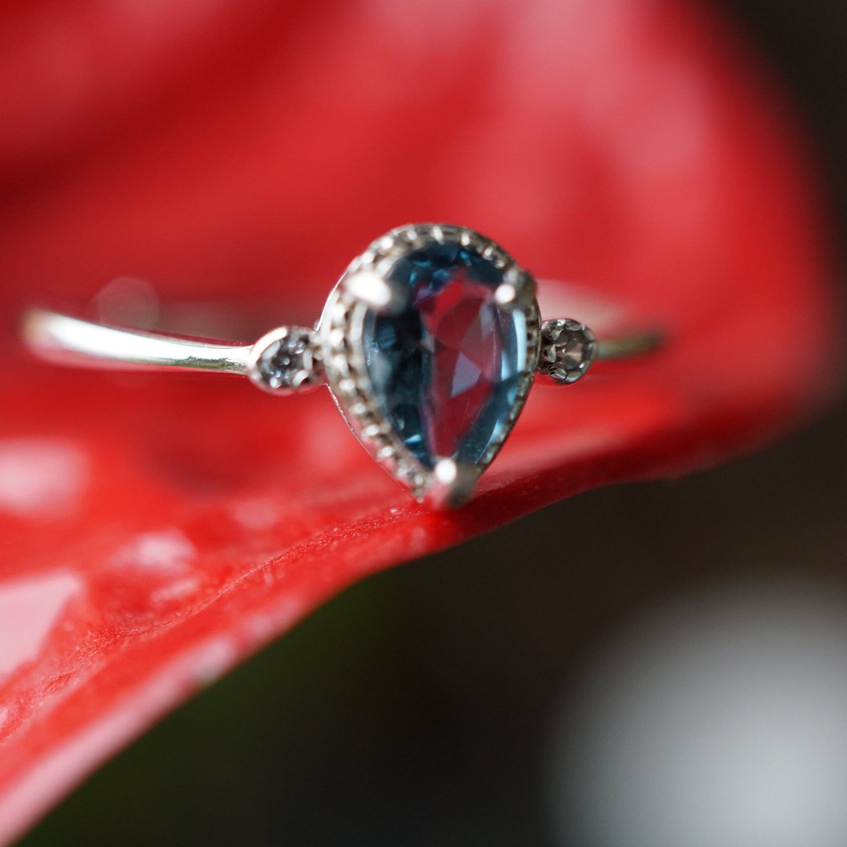 Blue Topaz Ring in 925 Silver, Dainty Gemstone with CZ Accents