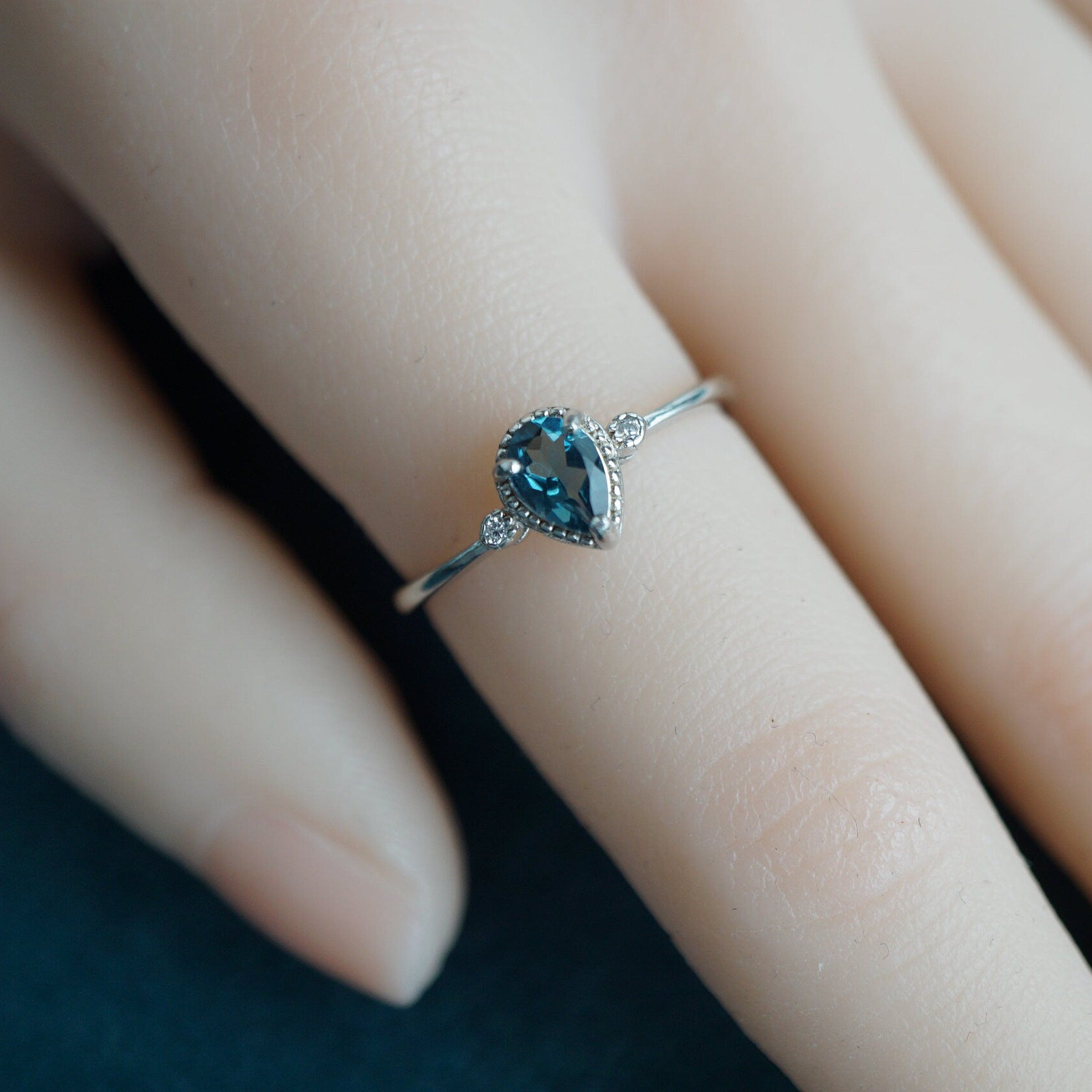 Blue Topaz Ring in 925 Silver, Dainty Gemstone with CZ Accents