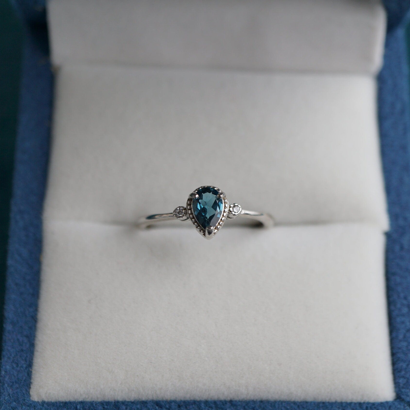 Blue Topaz Ring in 925 Silver, Dainty Gemstone with CZ Accents