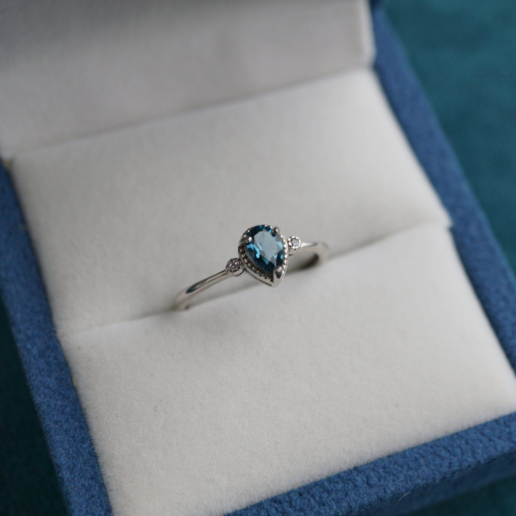 Blue Topaz Ring in 925 Silver, Dainty Gemstone with CZ Accents