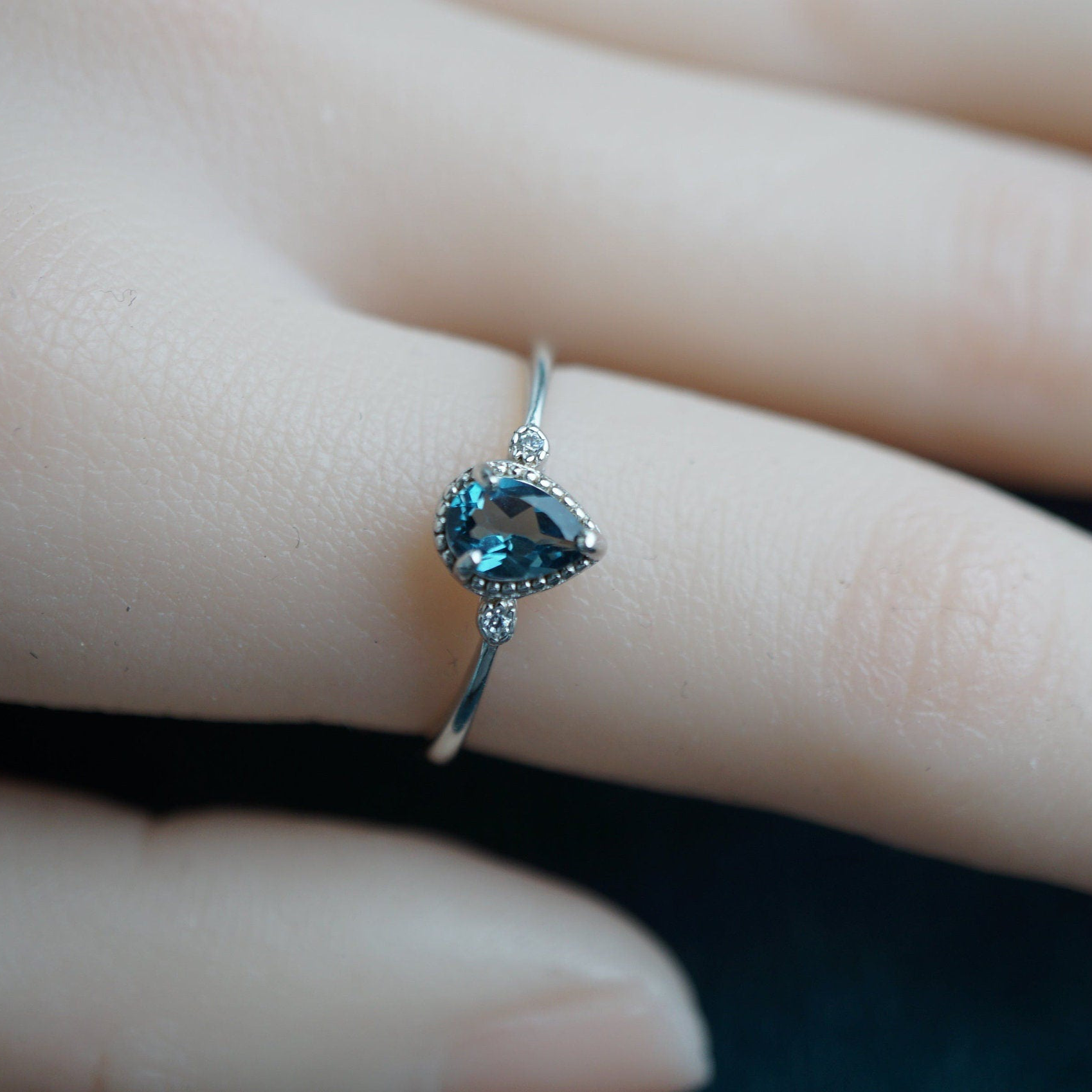 Blue Topaz Ring in 925 Silver, Dainty Gemstone with CZ Accents