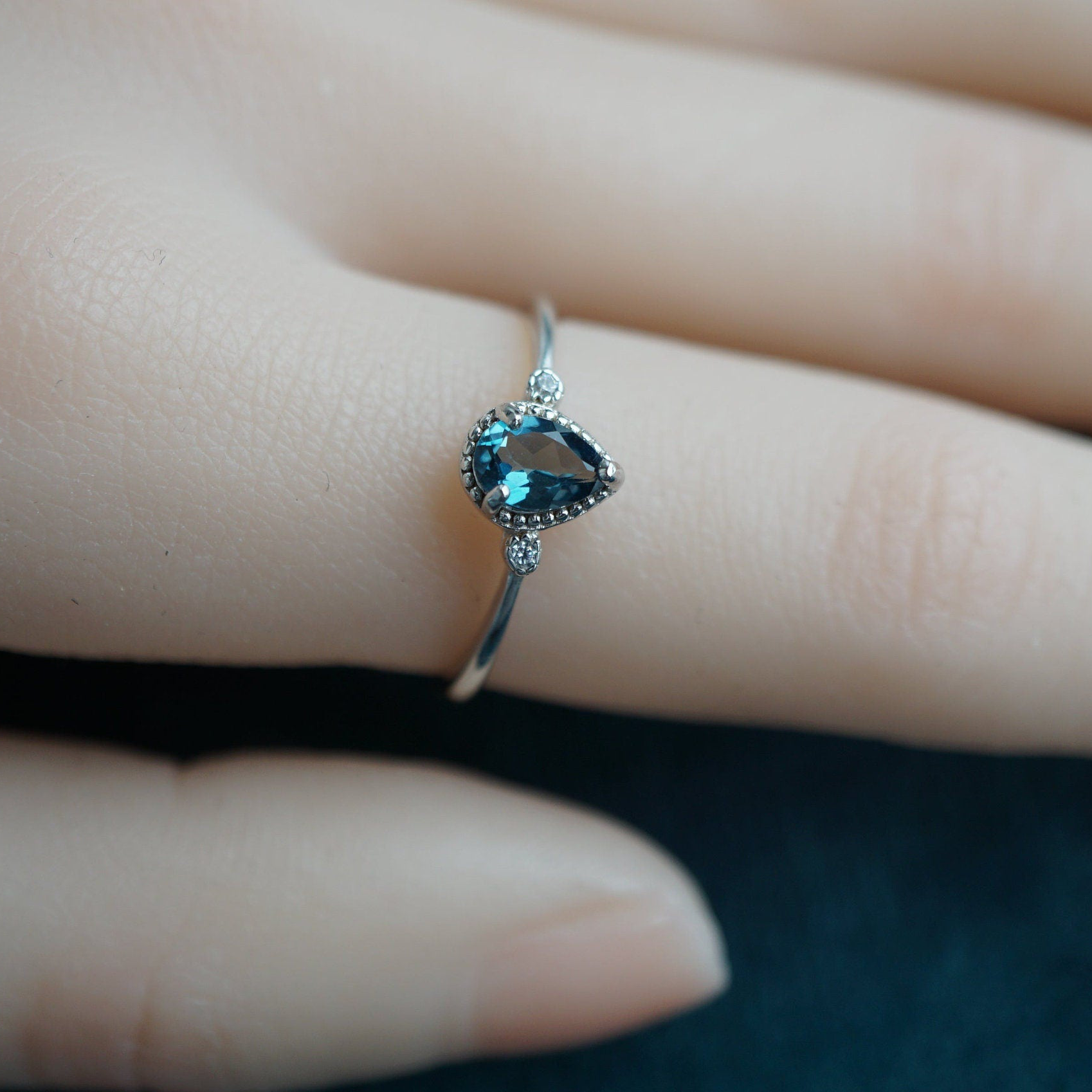 Blue Topaz Ring in 925 Silver, Dainty Gemstone with CZ Accents