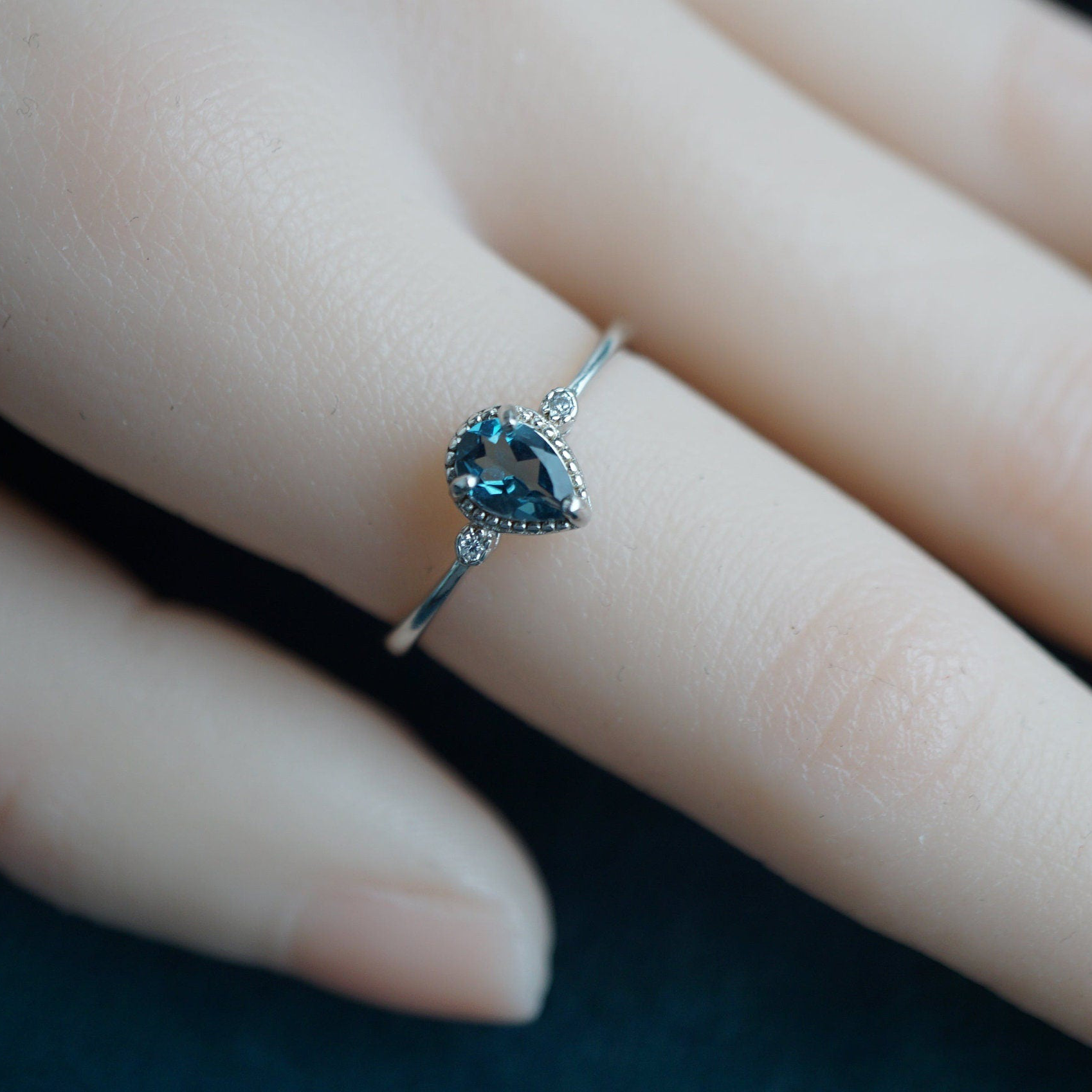 Blue Topaz Ring in 925 Silver, Dainty Gemstone with CZ Accents