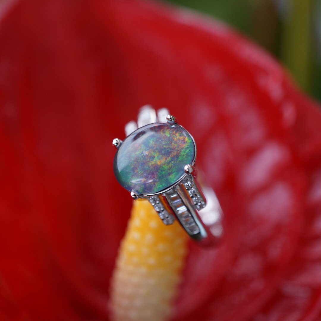 Stunning Australian opal ring, genuine sterling silver rainbow opal ring, simple opal ring, opal ring gift, everyday wear opal ring, 7x9mm-Vsabel Jewellery