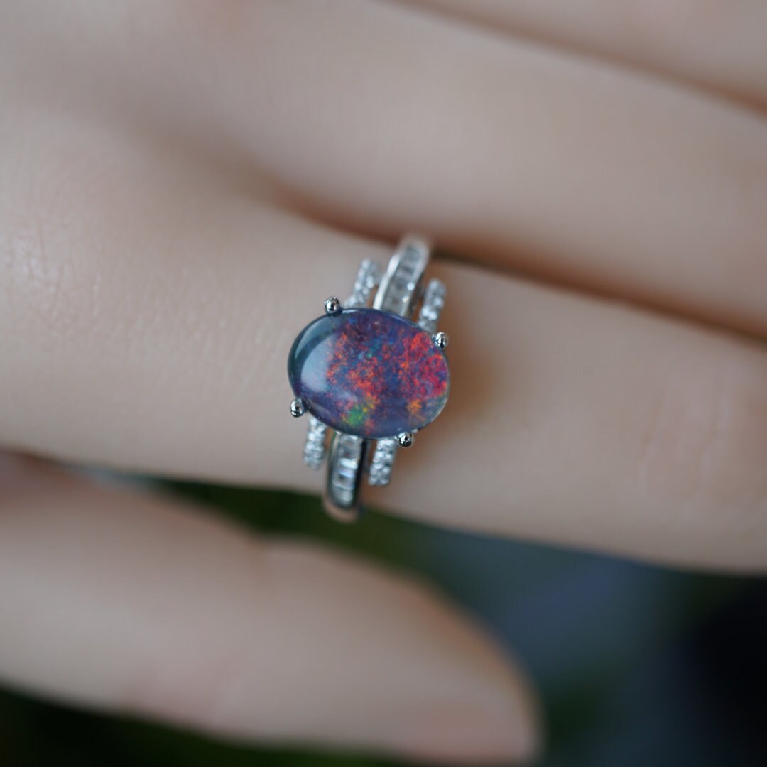 Stunning Australian opal ring, genuine sterling silver rainbow opal ring, simple opal ring, opal ring gift, everyday wear opal ring, 7x9mm-Vsabel Jewellery