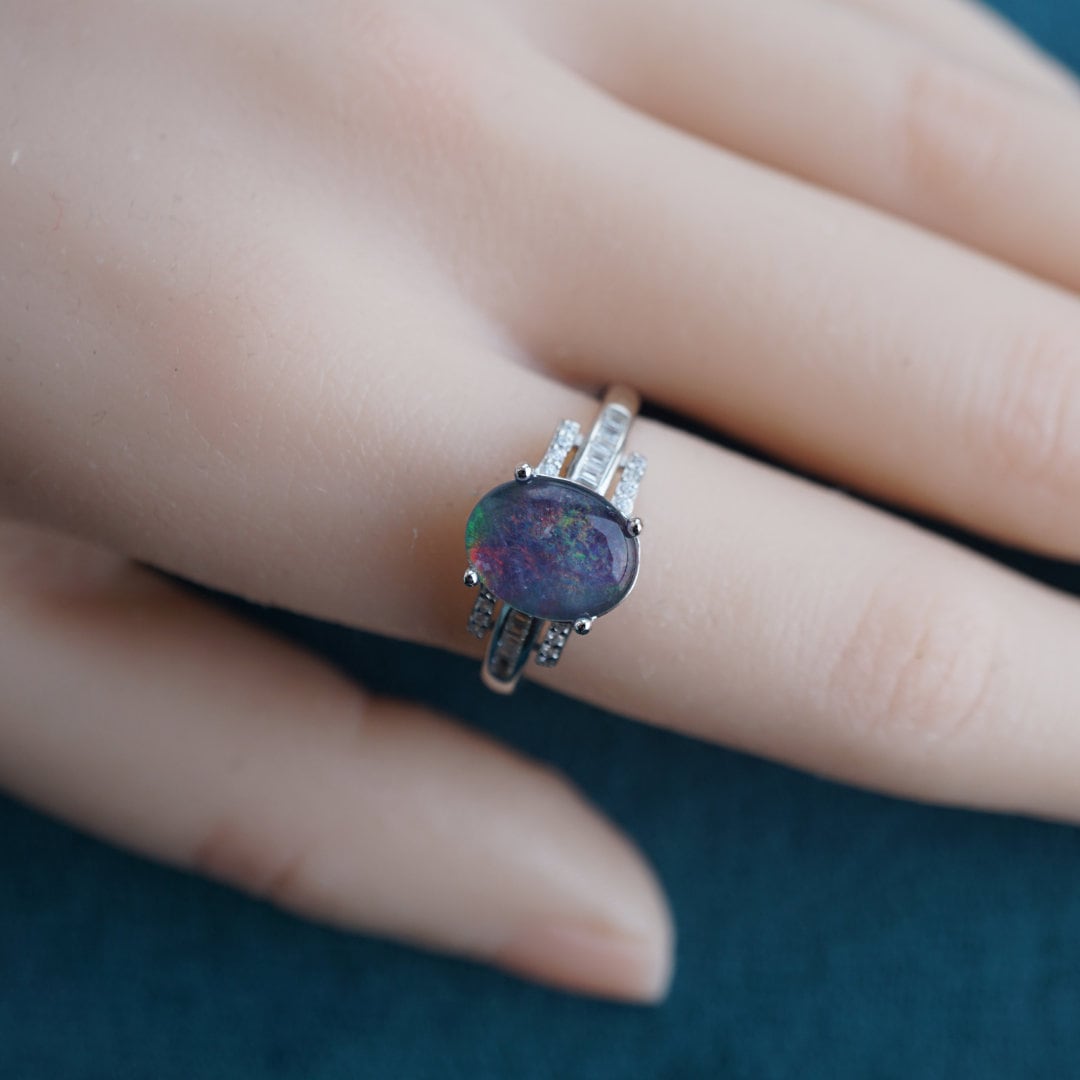 Stunning Australian opal ring, genuine sterling silver rainbow opal ring, simple opal ring, opal ring gift, everyday wear opal ring, 7x9mm-Vsabel Jewellery