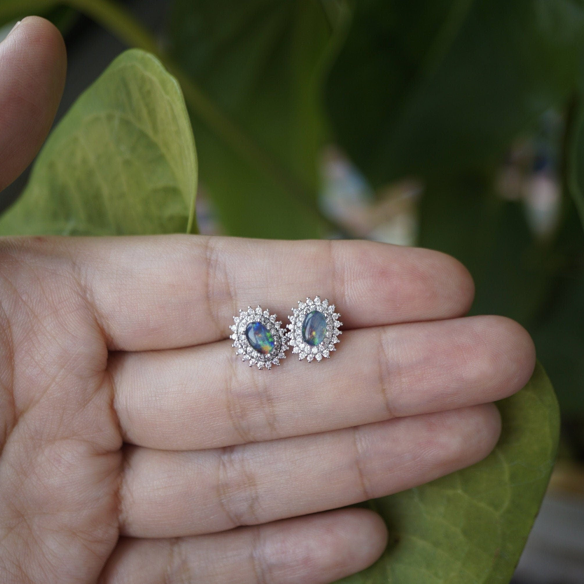 Luxury Double Holo Opal Earring Studs - Elegant Statement-Vsabel Jewellery