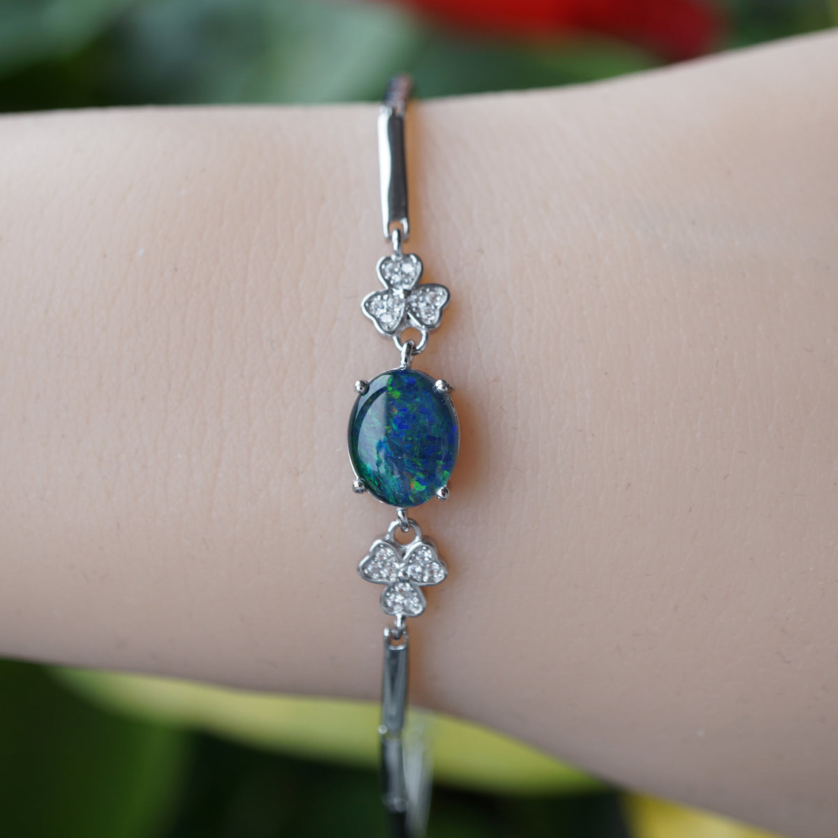 Stunning silver natural australian opal bracelet, 10x8 opal bracelet, rainbown opal bracelet-Vsabel Jewellery