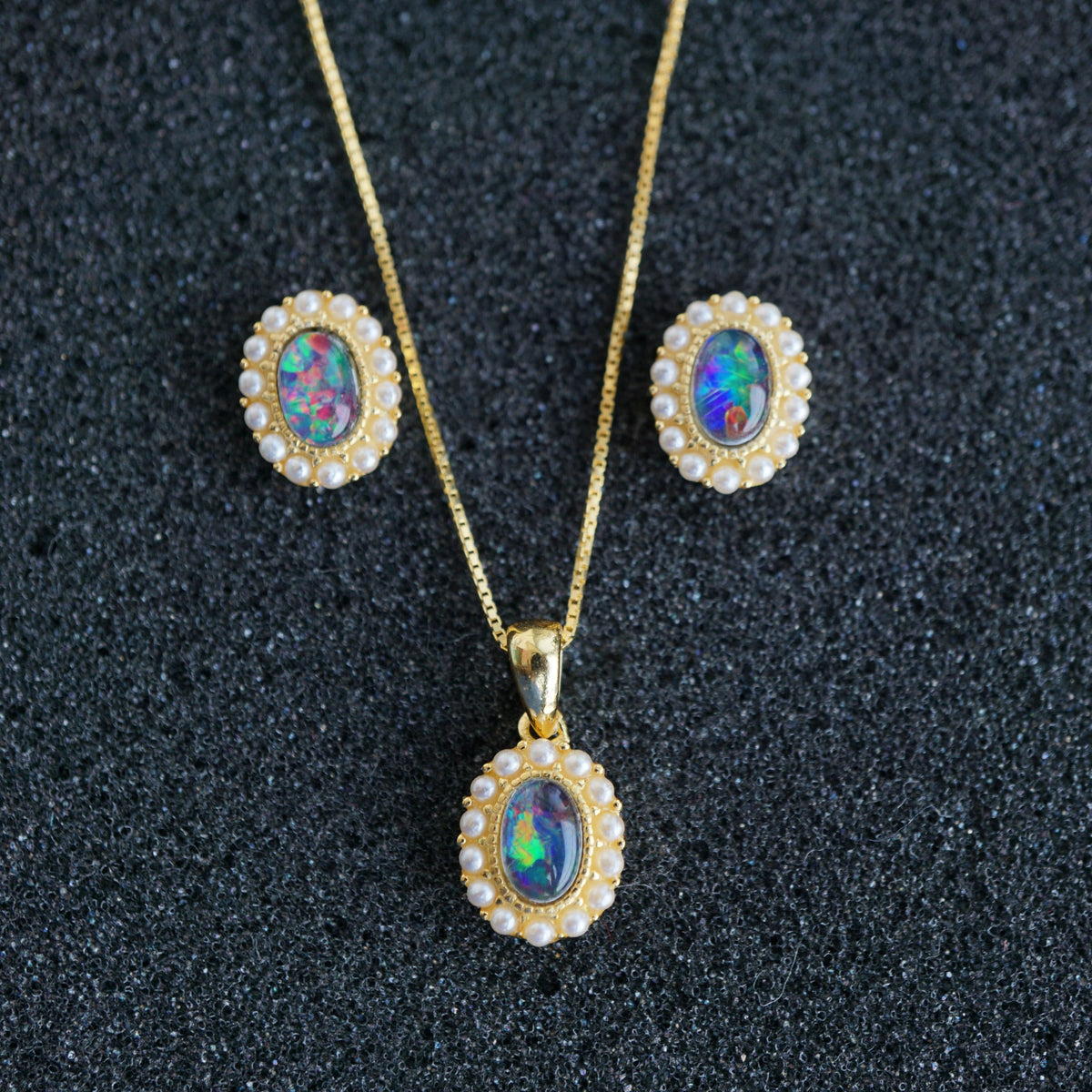Opal Triplet Set: Vintage Pearl Style, Necklace &amp; Earrings-Vsabel Jewellery