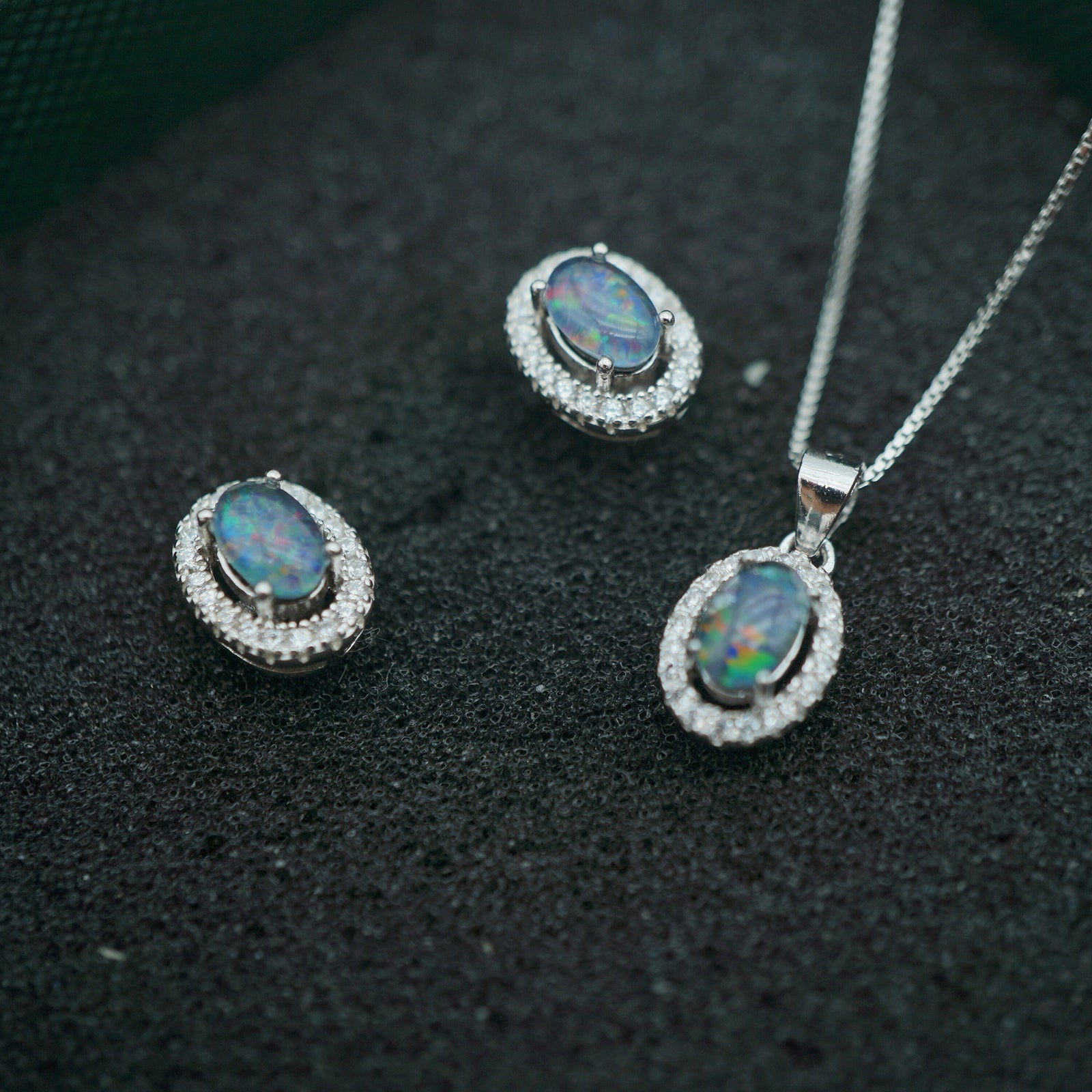 Australian Opal Set: Silver Halo Necklace & Earrings-Vsabel Jewellery