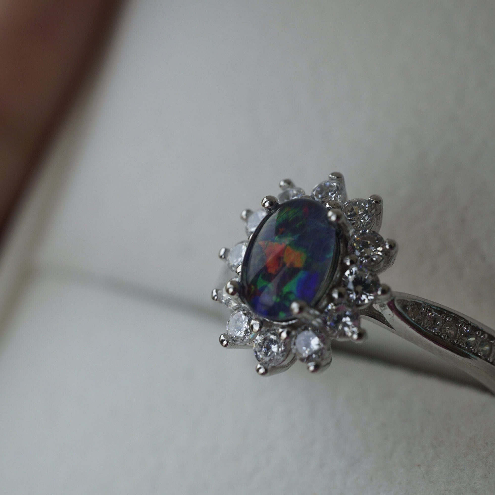 Flower Rainbow Opal Ring - Sterling Silver, Triplet Opal-Vsabel Jewellery