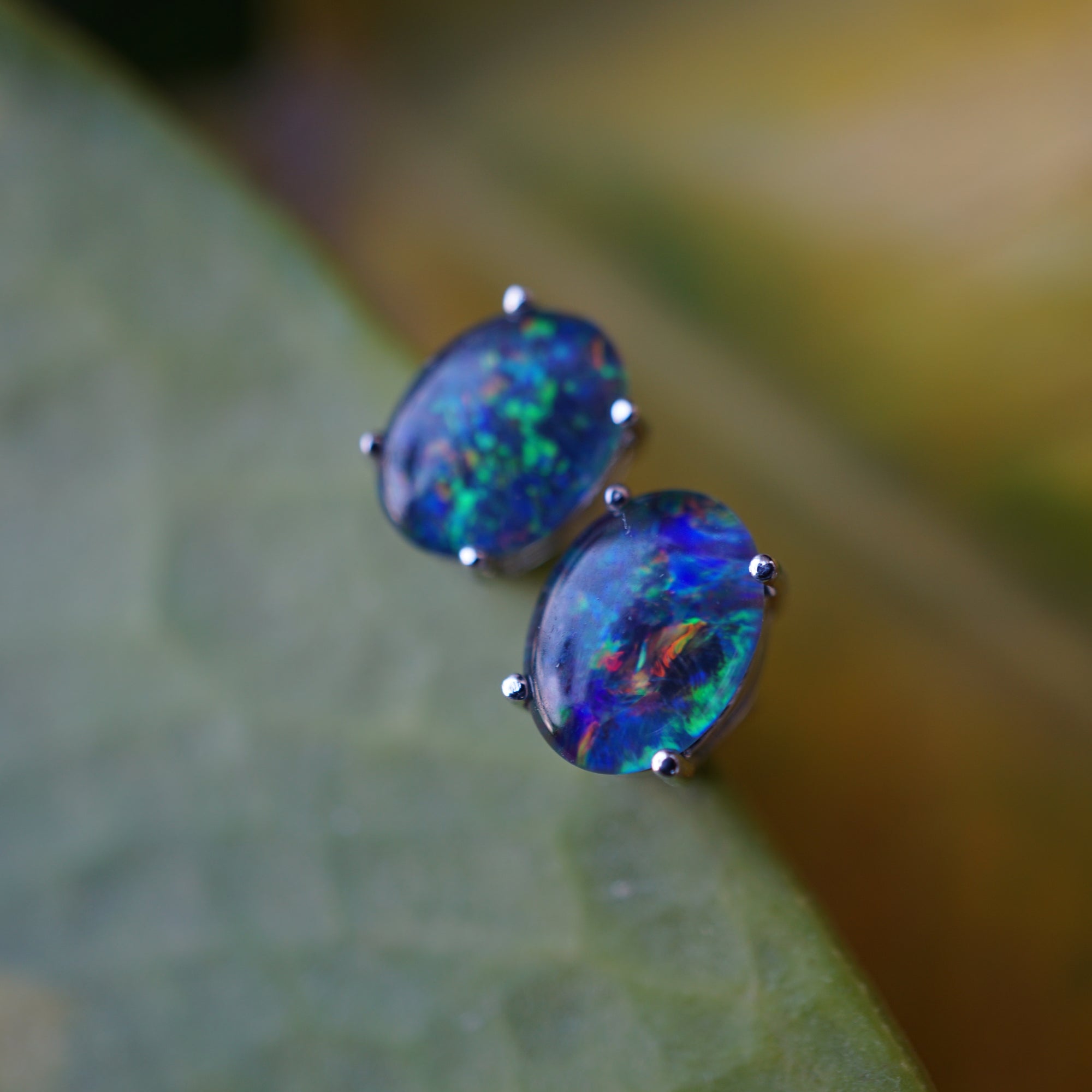 Elegant 18k White Gold Opal Earring Studs - Natural Australian Triplet Opal-Vsabel Jewellery