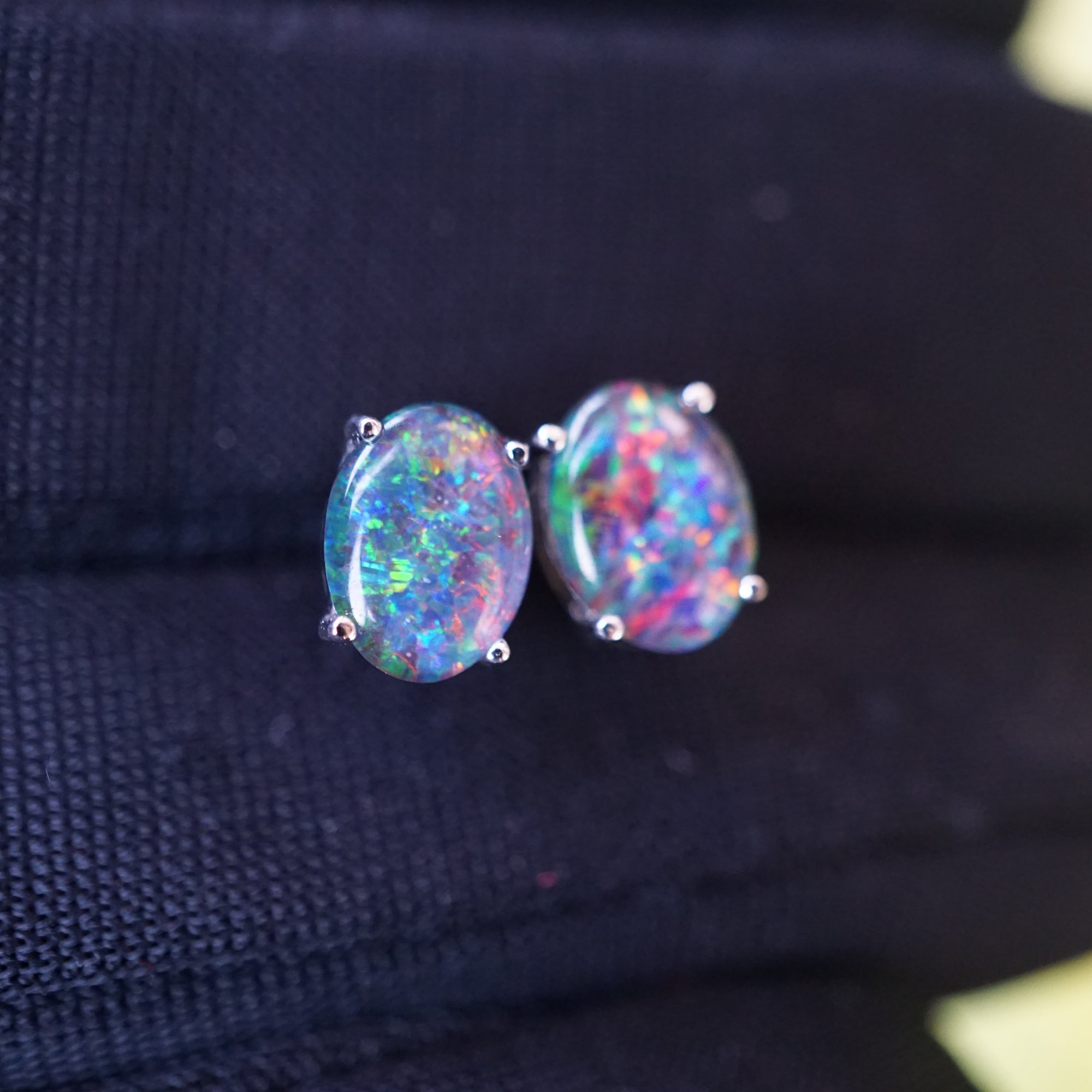 Elegant 18k White Gold Opal Earring Studs - Natural Australian Triplet Opal-Vsabel Jewellery