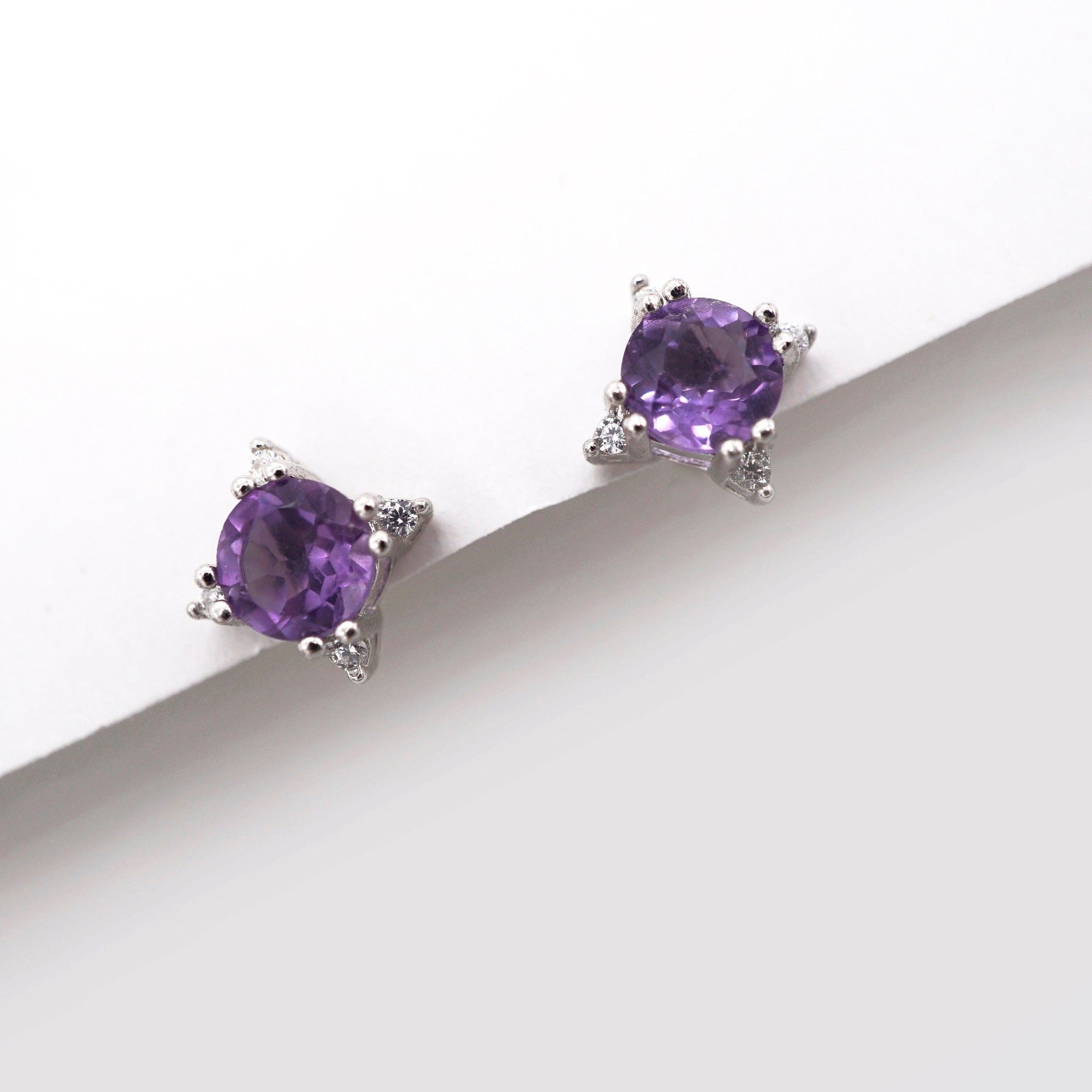 Dainty Natural Amethyst Earring Studs in 925 Sterling Silver, Genuine Purple Amethyst Crystal Stud Earrings, Semi Precious Gemstone