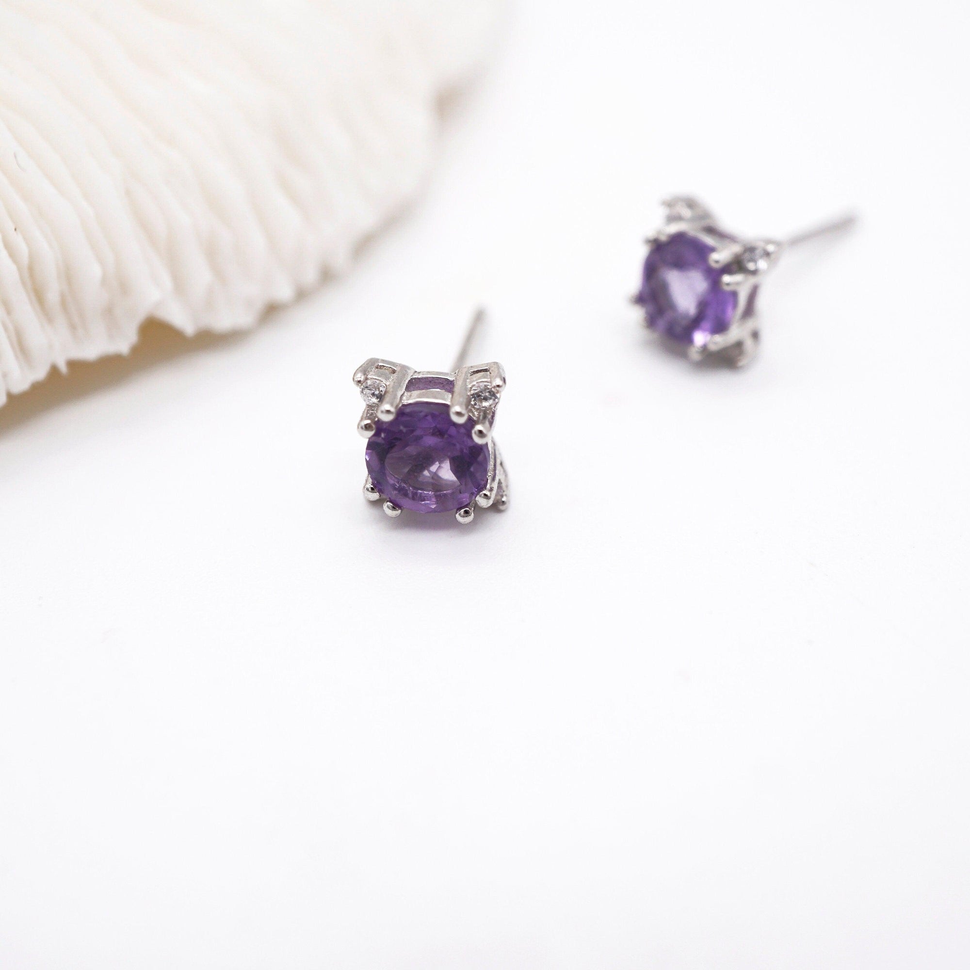 Dainty Natural Amethyst Earring Studs in 925 Sterling Silver, Genuine Purple Amethyst Crystal Stud Earrings, Semi Precious Gemstone