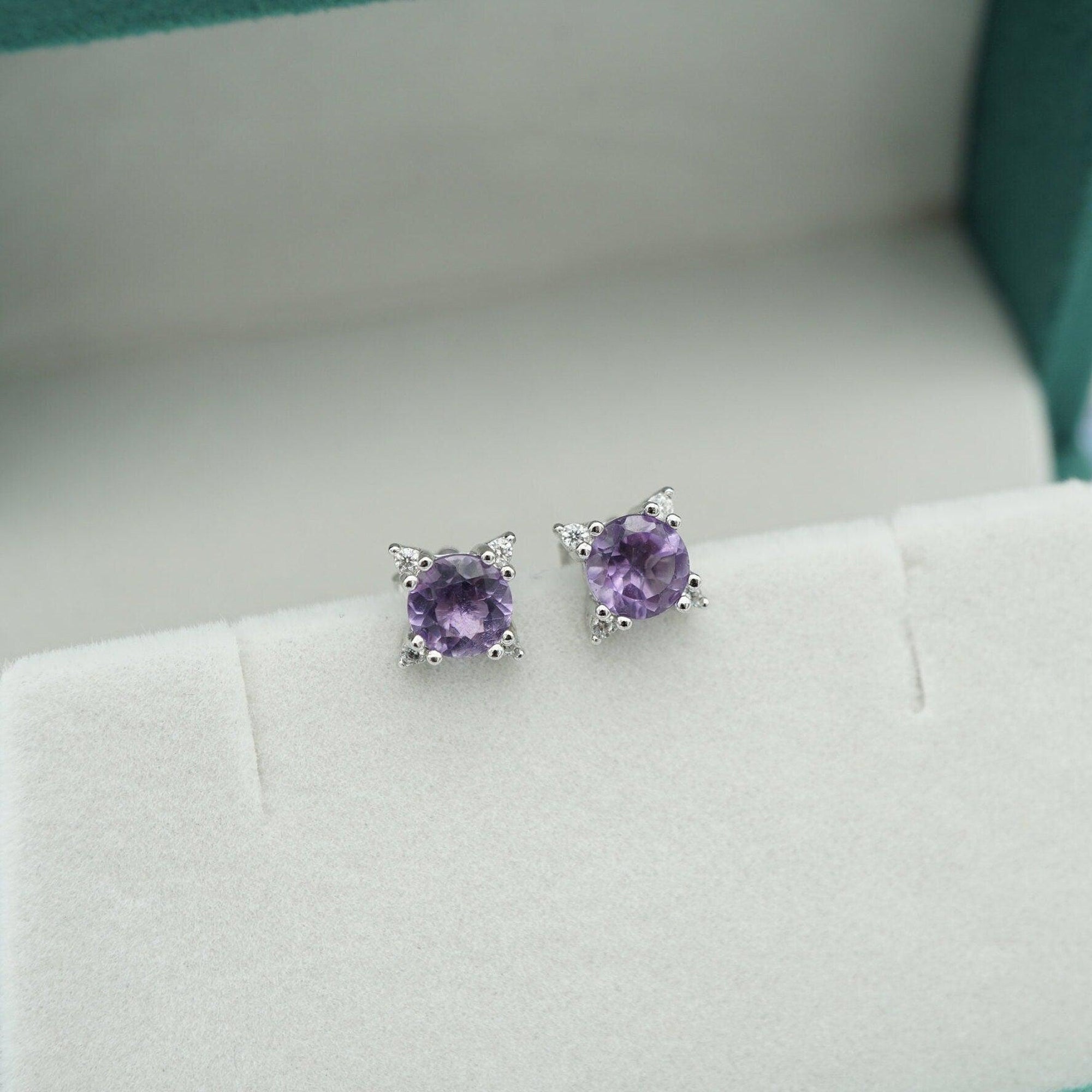 Dainty Natural Amethyst Earring Studs in 925 Sterling Silver, Genuine Purple Amethyst Crystal Stud Earrings, Semi Precious Gemstone