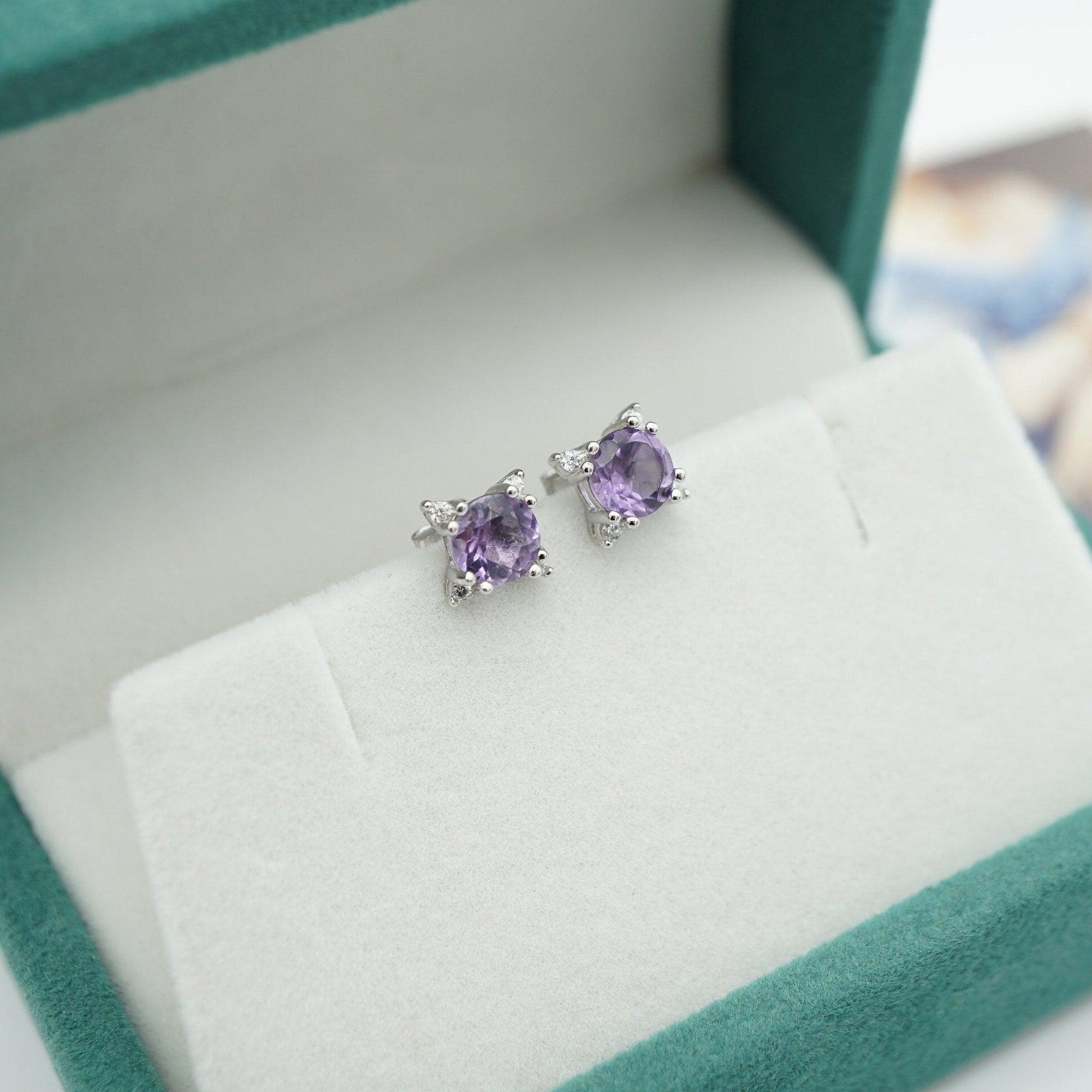 Dainty Natural Amethyst Earring Studs in 925 Sterling Silver, Genuine Purple Amethyst Crystal Stud Earrings, Semi Precious Gemstone