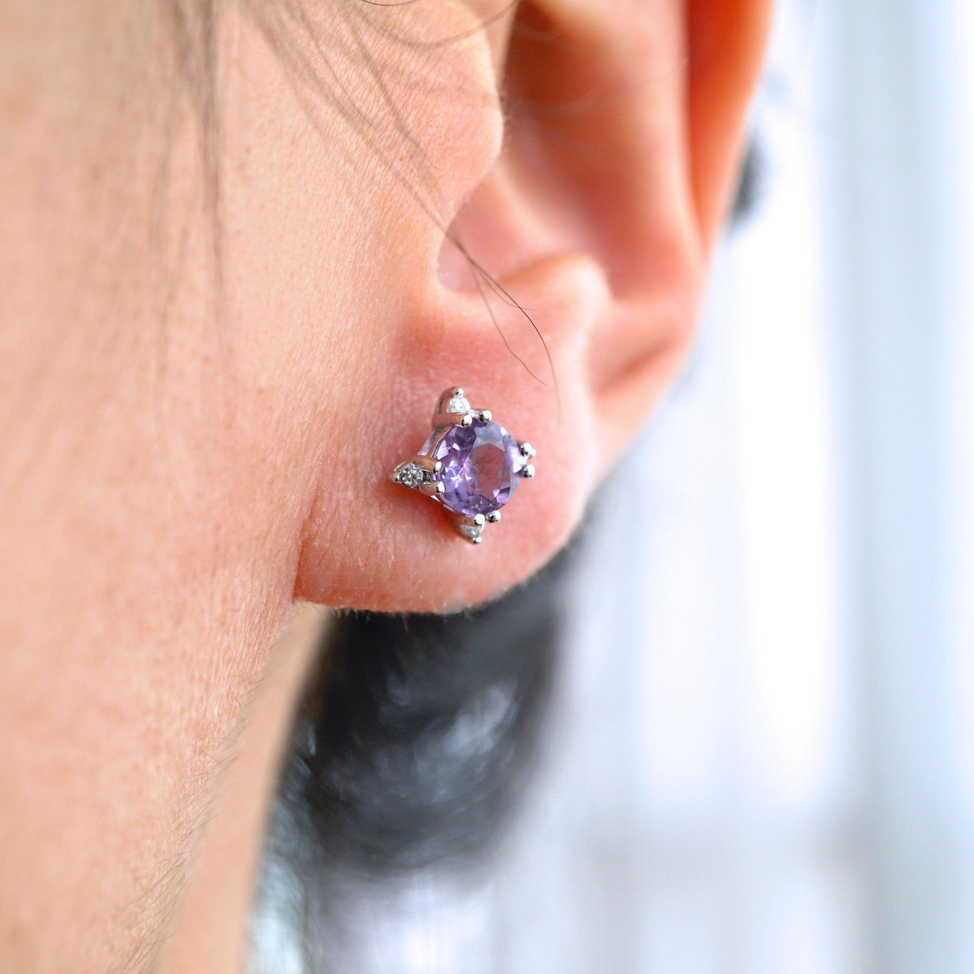 Dainty Natural Amethyst Earring Studs in 925 Sterling Silver, Genuine Purple Amethyst Crystal Stud Earrings, Semi Precious Gemstone