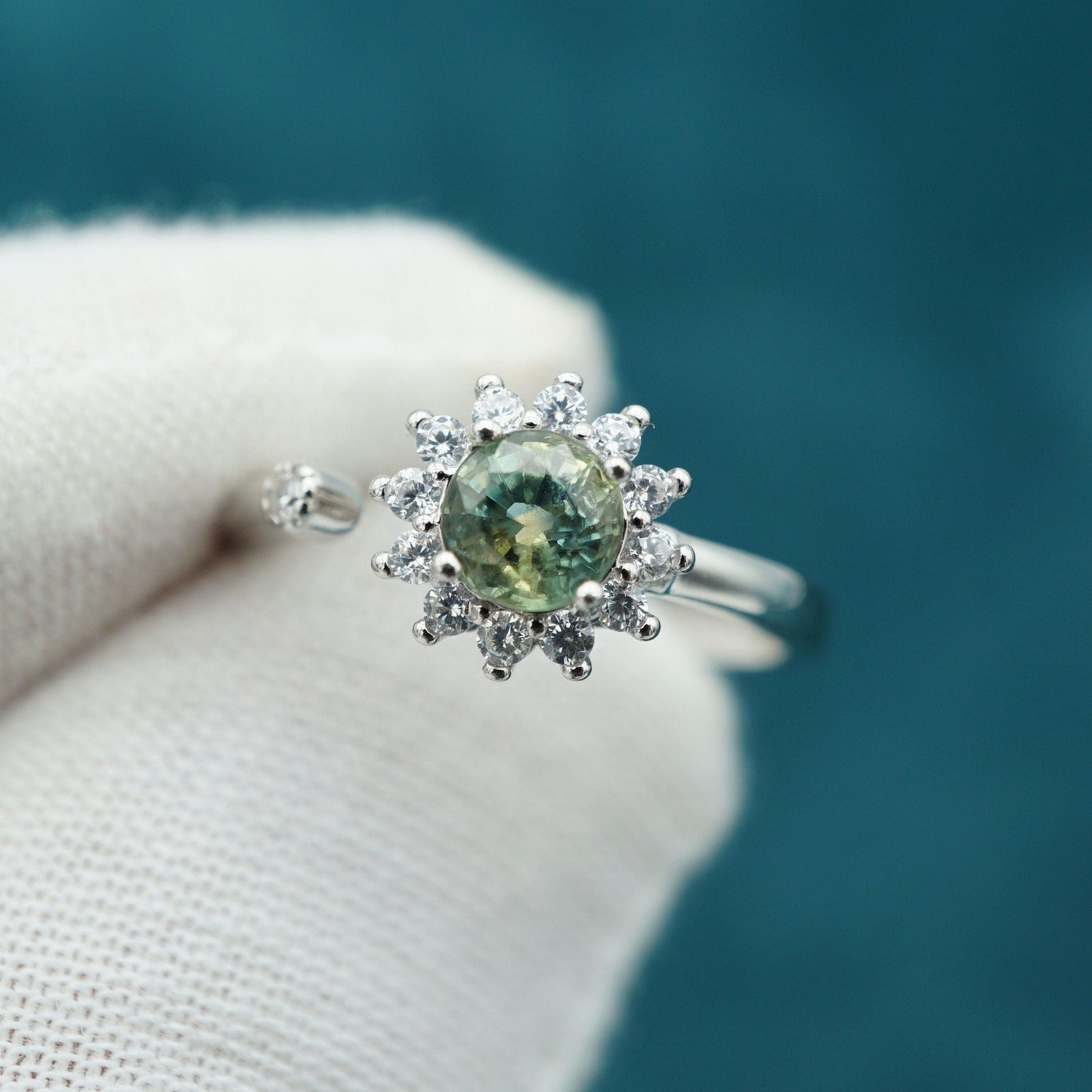 Teal Sapphire engagement silver ring ,circle cut green gemstone, gift for mom, September birthstone